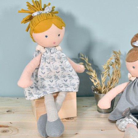 poupée de chiffon en coton bio avec couette blonde, robe imprimé vert - Jolijou