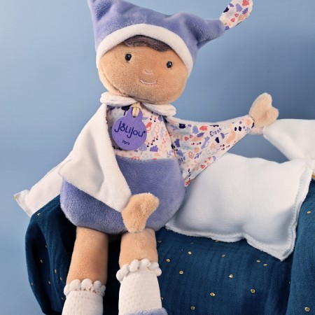 poupee chiffon garcon bleu avec bonnet de nuit et imprimé
