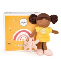 poupee noire avec robe jaune tenant à sa main un ours rose - Jolijou