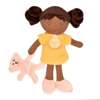 poupee noire avec robe jaune tenant à sa main un ours rose - Jolijou