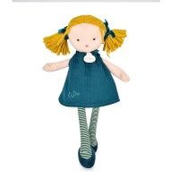 poupee avec couettes blondes, robe et chaussons bleu marine - Jolijou