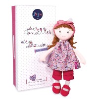 poupee de chiffon avec 2 tresses marrons, bandeau rose, robe façon liberty, pantalon et chaussons roses fuschia - Jolijou