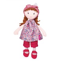 poupee de chiffon avec 2 tresses marrons, bandeau rose, robe façon liberty, pantalon et chaussons roses fuschia - Jolijou