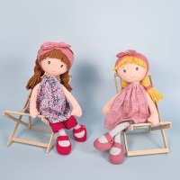 poupee de chiffon avec 2 tresses marrons, bandeau rose, robe façon liberty, pantalon et chaussons roses fuschia - Jolijou