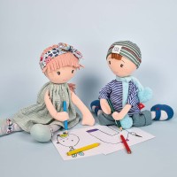 poupee chiffon cheveux roses, robe vert d'eau en gaze de coton, collants rayés vert et blanc et bandeau façon liberty - Jolijou