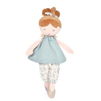 poupee de chiffon avec couette brune, robe vert et pantalon imprimé en coton bio - Jolijou