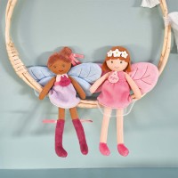 poupee chiffon fée avec robe et ailes roses, brune avec couronne de paquettes blanches - Jolijou