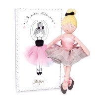 poupée tissu danseuse blonde avec chignon, justaucorps rose, tutu noir et chaussons gris - Jolijou