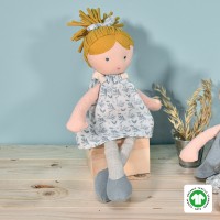 poupée de chiffon en coton bio avec couette blonde, robe imprimé vert - Jolijou