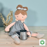 poupee de chiffon avec couette brune, robe vert et pantalon imprimé en coton bio - Jolijou