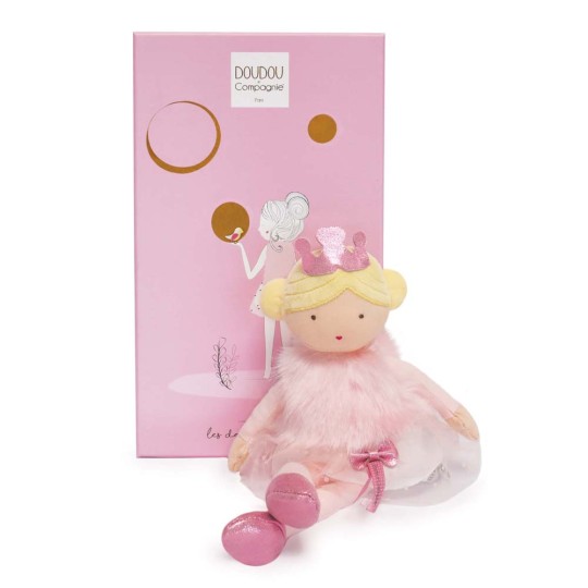 poupée blonde avec chignon et couronne, boléro à poil rose et tutu Jolijou