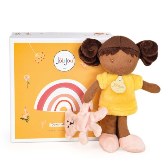 poupee noire avec robe jaune tenant à sa main un ours rose - Jolijou