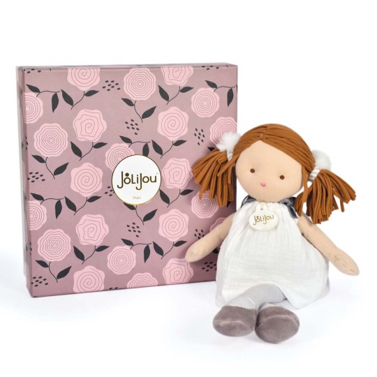 poupee de chiffon avec robe blanche et cheveux marrons spaghettis et 2 couettes - Jolijou