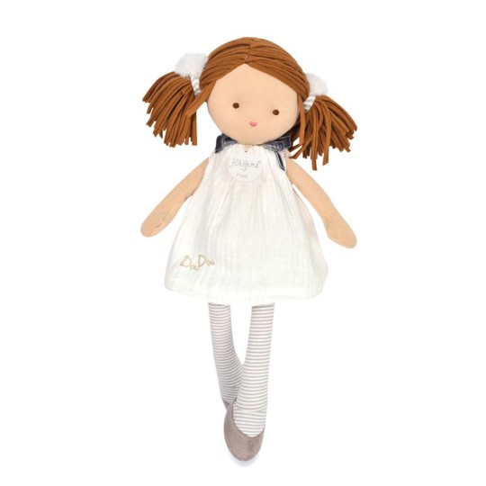 poupee de chiffon avec robe blanche et cheveux marrons spaghettis et 2 couettes - Jolijou