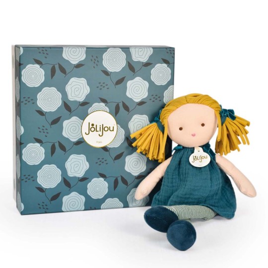 poupee avec couettes blondes, robe et chaussons bleu marine - Jolijou