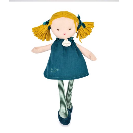 poupee avec couettes blondes, robe et chaussons bleu marine - Jolijou