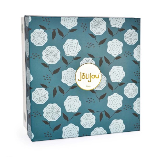 poupee avec couettes blondes, robe et chaussons bleu marine - Jolijou