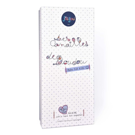 poupee de chiffon blonde  avec écharpe pompons roses, robe bleu marine à motifs - Jolijou