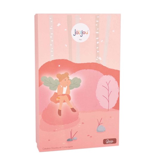 poupee tissu fée cheveux marrons avec robe rose, ailes vertes en forme de feuilles - Jolijou