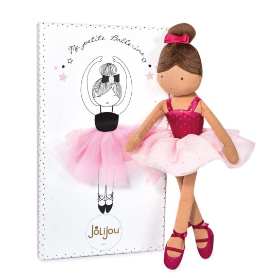poupée danseuse avec chignon brun, tutu rose clair, justaucorps et chaussons fuschia - Jolijou