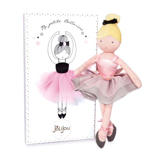 poupée tissu danseuse blonde avec chignon, justaucorps rose, tutu noir et chaussons gris - Jolijou