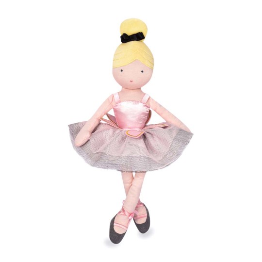 poupée tissu danseuse blonde avec chignon, justaucorps rose, tutu noir et chaussons gris - Jolijou